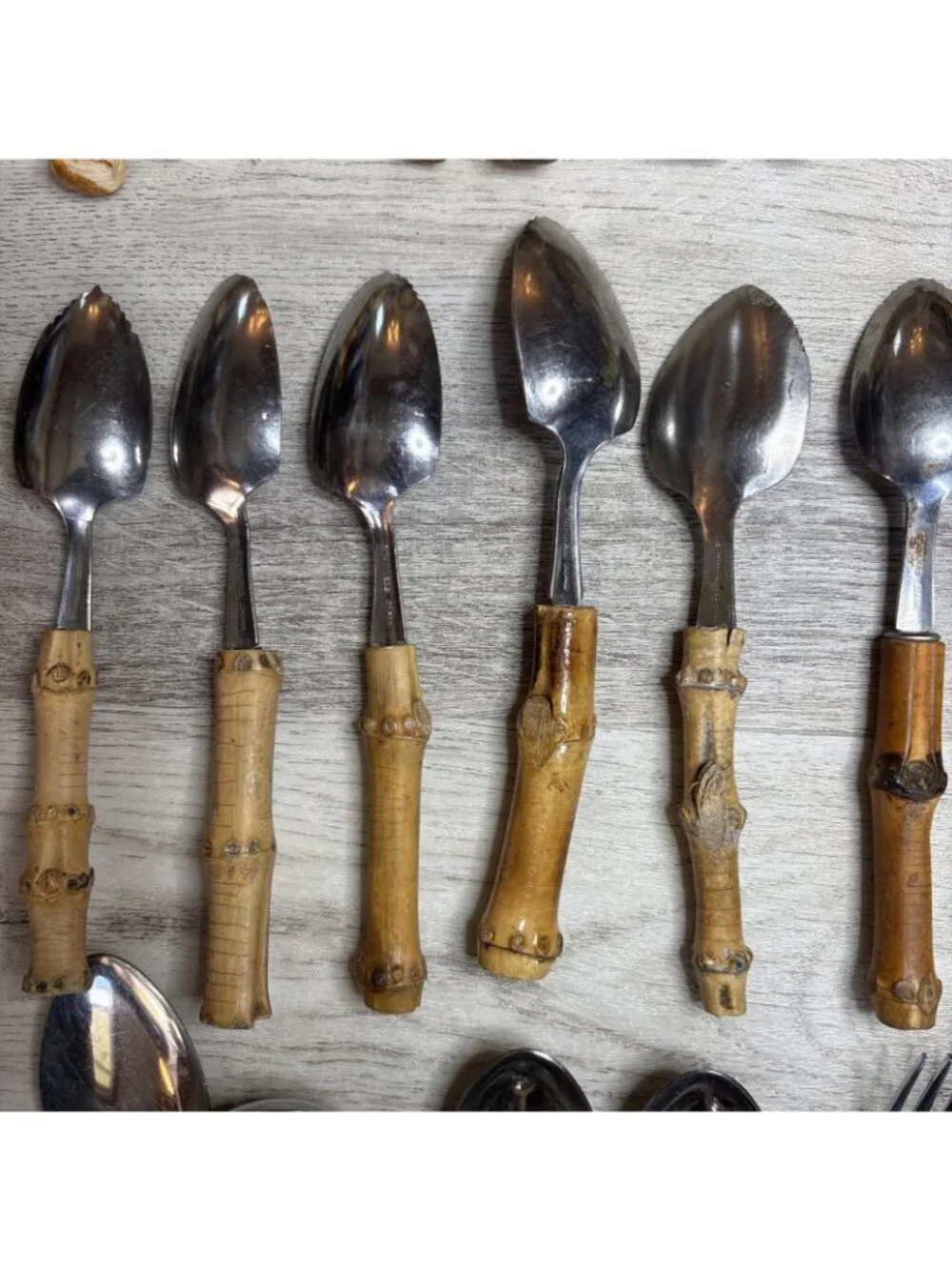 Vtg 29pc Bamboo Handle Flatware Silverware and Serving Pieces Stainless Japan